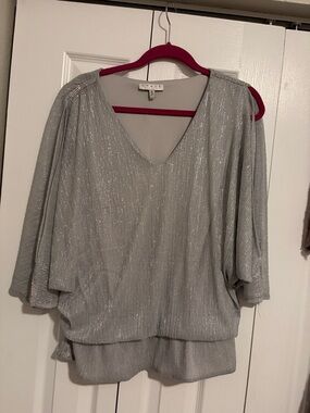 Chaus Silver Metallic V-Neck Dolman Sleeve Blouse